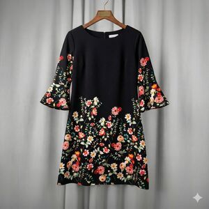 NY&Co New York & Company Dress Large Black Floral Bell Sleeve Shift Sheath EUC